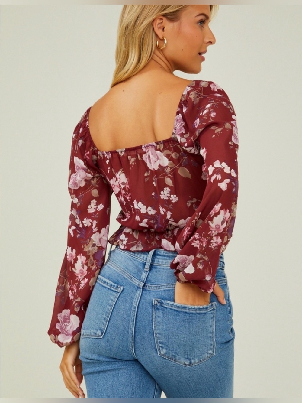 Altar’d State Floral Ruffle Hem Long-Sleeve Top - Burgundy PTP 14”